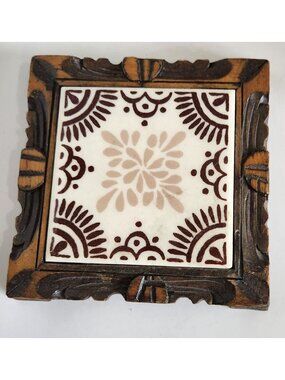 Handcrafted Mexican Tile Trivet With Carved Wooden Frame By Orion Monterrey Mexi